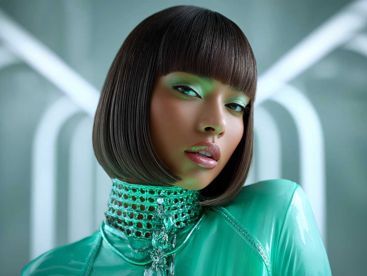 editorial beauty shot of a woman with emerald green front layered haircuts for long hair, razor layers, high-gloss finish, futuristic outfit, glowing light setup, fashion-forward environment