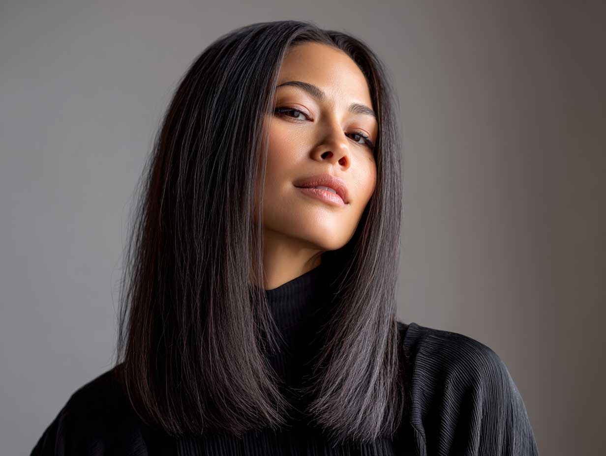 minimalist portrait of a woman with long straight black hair styled in front layered haircuts for long hair, soft morning light, neutral background, serene facial expression, fine texture detail, simple studio setting