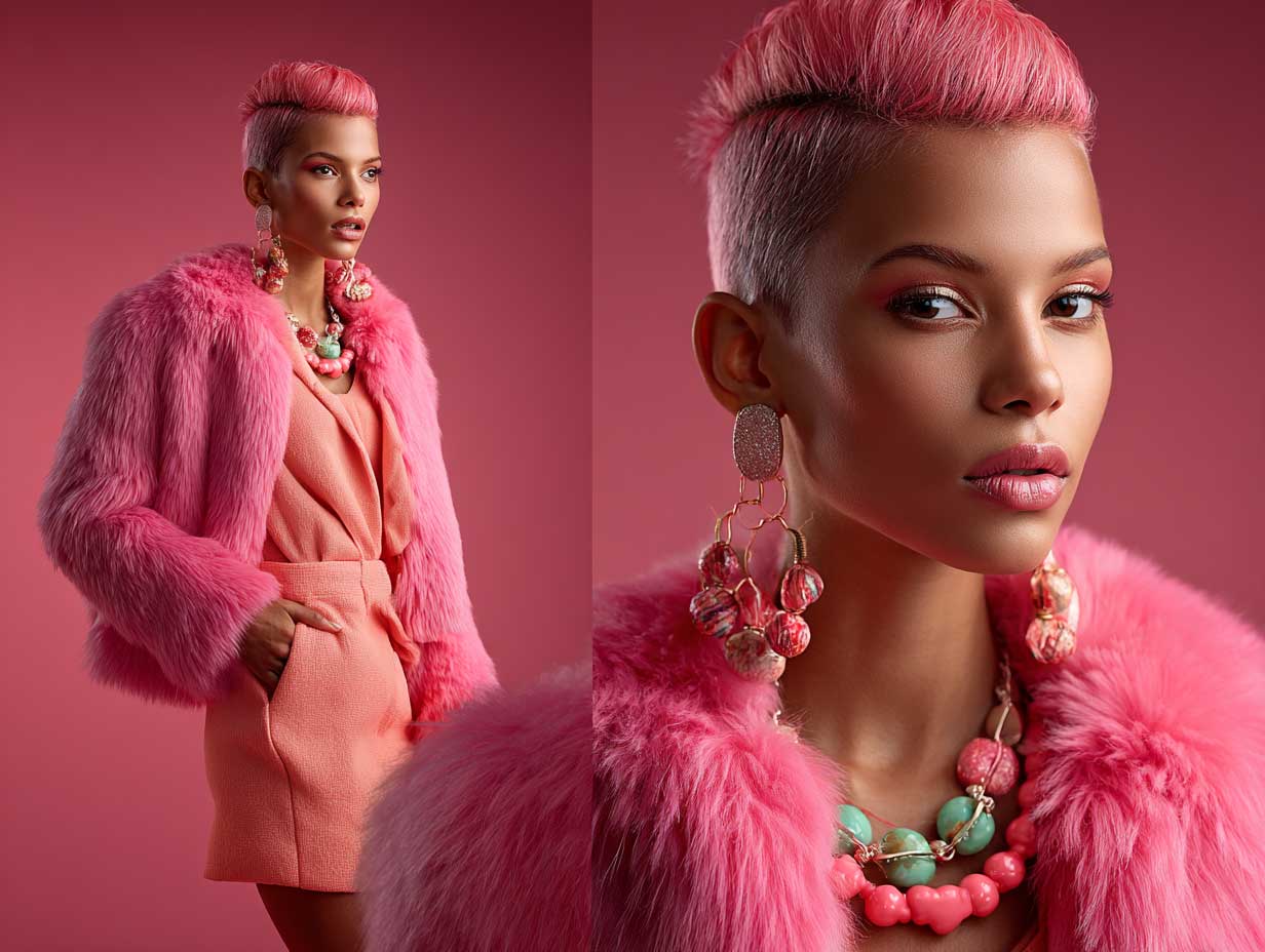 fashion model with neon pink front layered haircuts for long hair, curtain layers, glowing skin, urban editorial setting, bold fashion styling, full-length supermodel pose