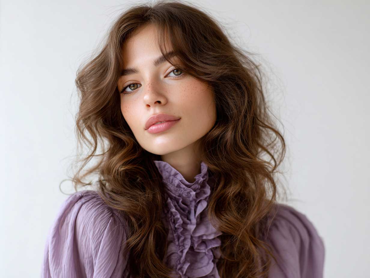 lavender colored long hair in front layered haircuts for long hair, soft curls, elegant makeup, white backdrop, fashion editorial style, dreamy lighting, close-up beauty shot, flowing silhouette