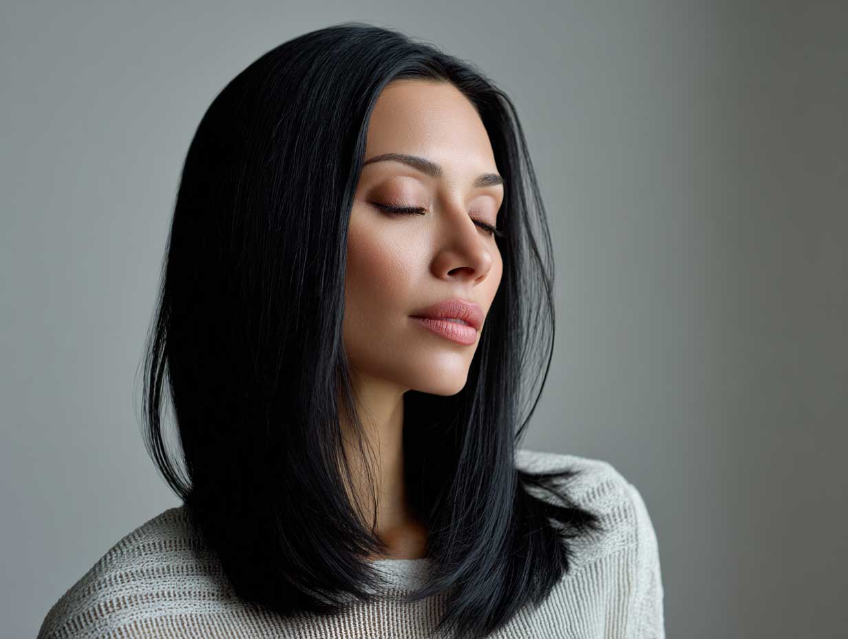 minimalist portrait of a woman with long straight black hair styled in front layered haircuts for long hair, soft morning light, neutral background, serene facial expression, fine texture detail, simple studio setting