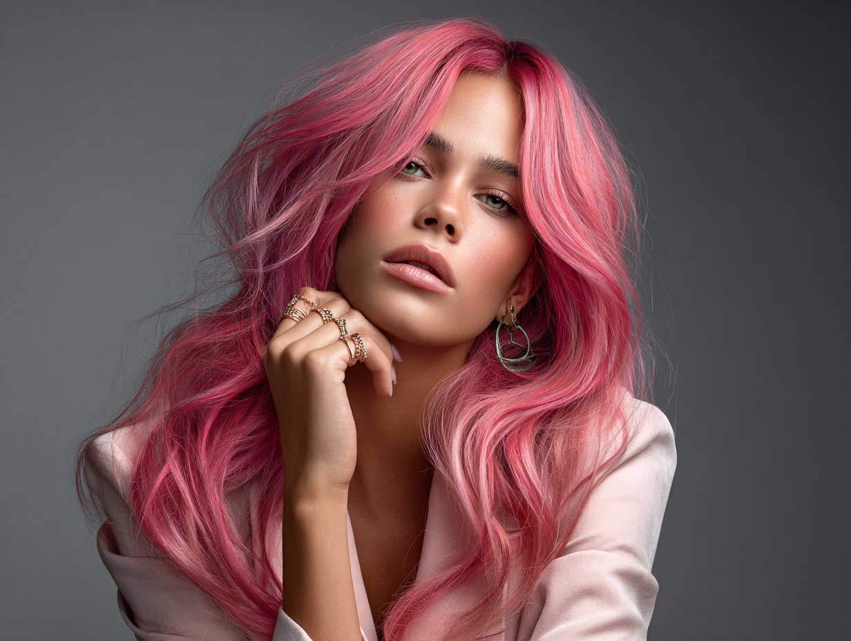 fashion model with neon pink front layered haircuts for long hair, curtain layers, glowing skin, urban editorial setting, bold fashion styling, full-length supermodel pose