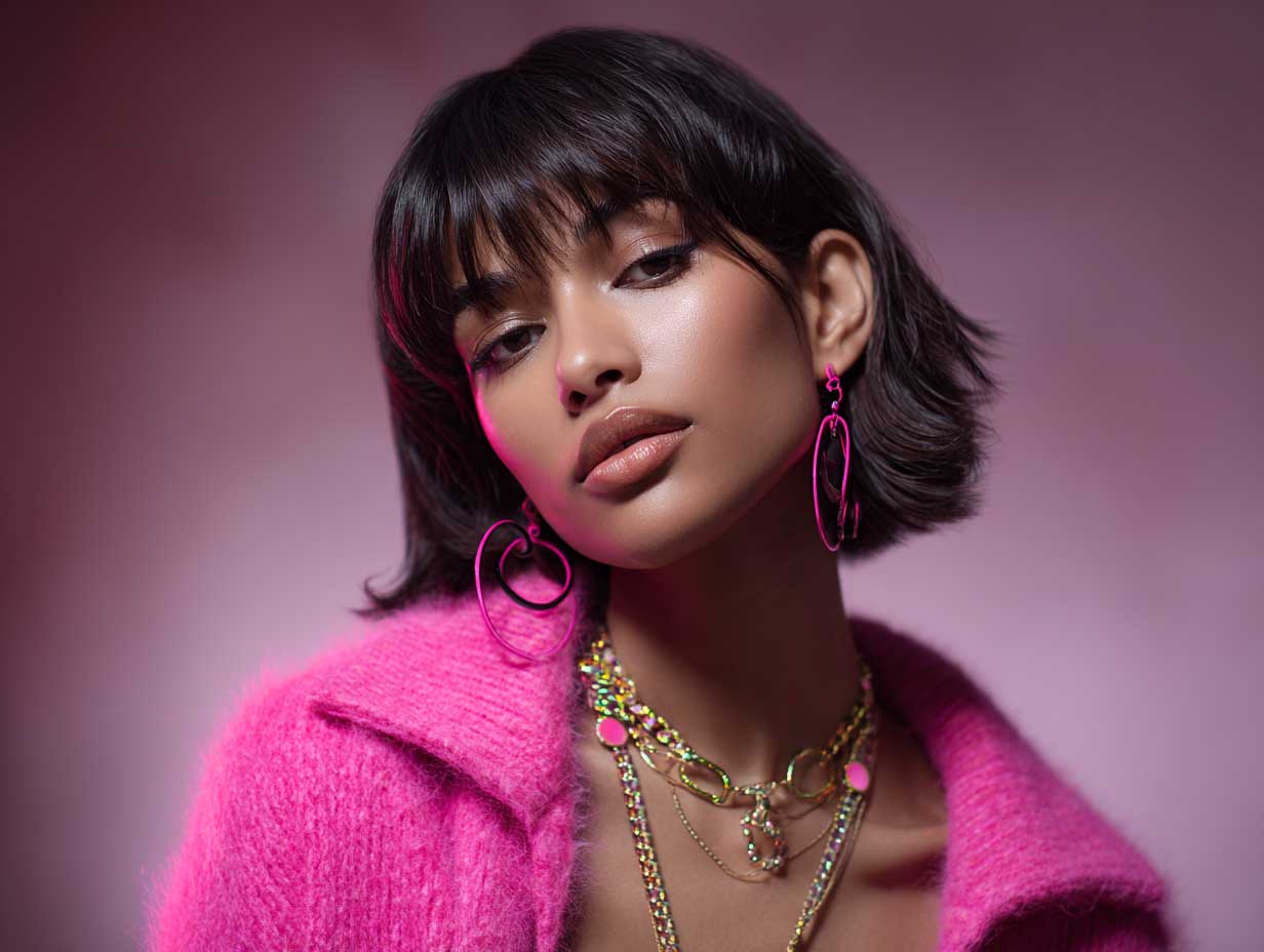 fashion model with neon pink front layered haircuts for long hair, curtain layers, glowing skin, urban editorial setting, bold fashion styling, full-length supermodel pose