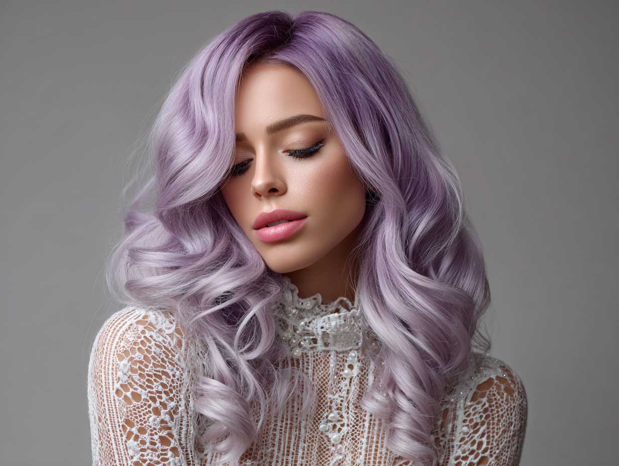lavender colored long hair in front layered haircuts for long hair, soft curls, elegant makeup, white backdrop, fashion editorial style, dreamy lighting, close-up beauty shot, flowing silhouette