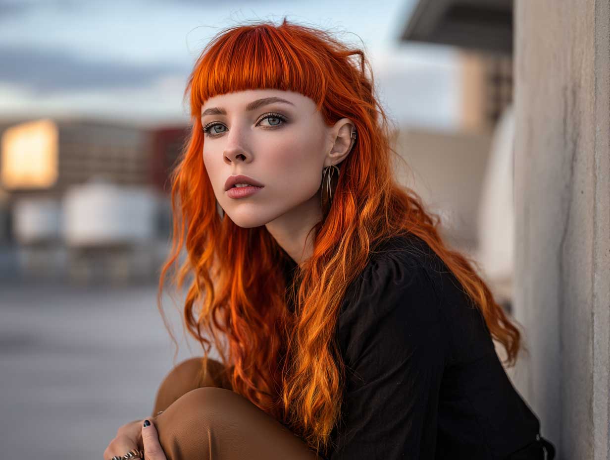 supermodel with fiery orange front layered haircuts for long hair, layered bangs, strong pose, urban rooftop setting, high fashion aesthetic, dramatic lighting, full-body shot