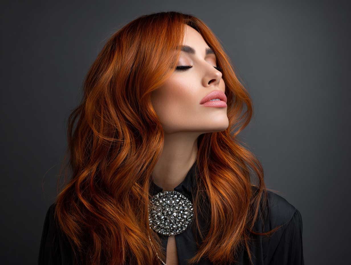 sunset orange long hair in front layered haircuts for long hair, dramatic side sweep, red carpet energy, full glam makeup, cinematic studio light, celebrity profile shot, radiant expression
