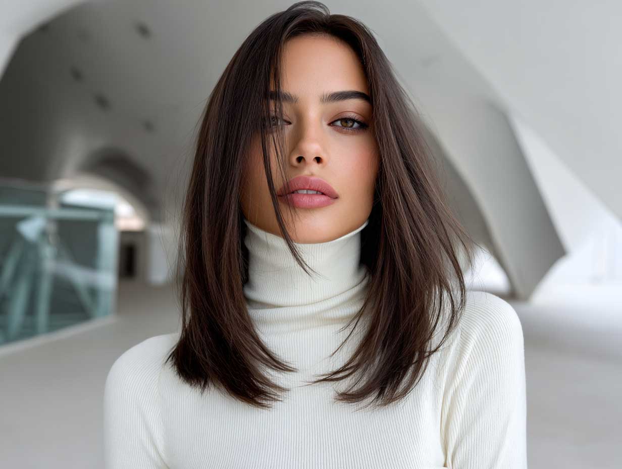 sleek front layered haircuts for long hair, model with glossy straight dark brown hair, white turtleneck, minimalist architecture background, editorial style, clean lines and modern vibe