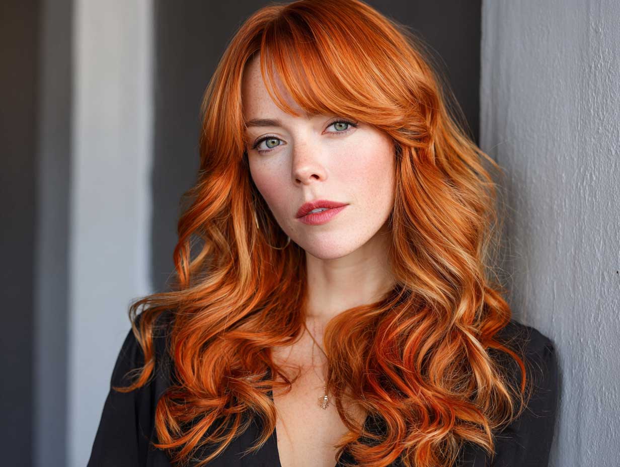 sunset orange long hair in front layered haircuts for long hair, dramatic side sweep, red carpet energy, full glam makeup, cinematic studio light, celebrity profile shot, radiant expression