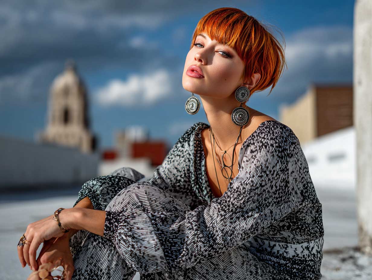 supermodel with fiery orange front layered haircuts for long hair, layered bangs, strong pose, urban rooftop setting, high fashion aesthetic, dramatic lighting, full-body shot