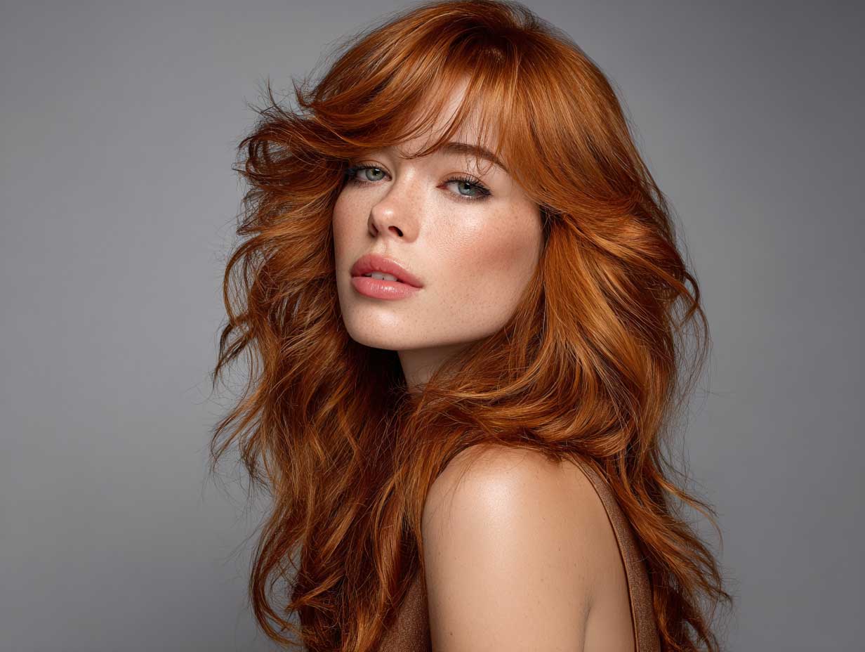 sunset orange long hair in front layered haircuts for long hair, dramatic side sweep, red carpet energy, full glam makeup, cinematic studio light, celebrity profile shot, radiant expression