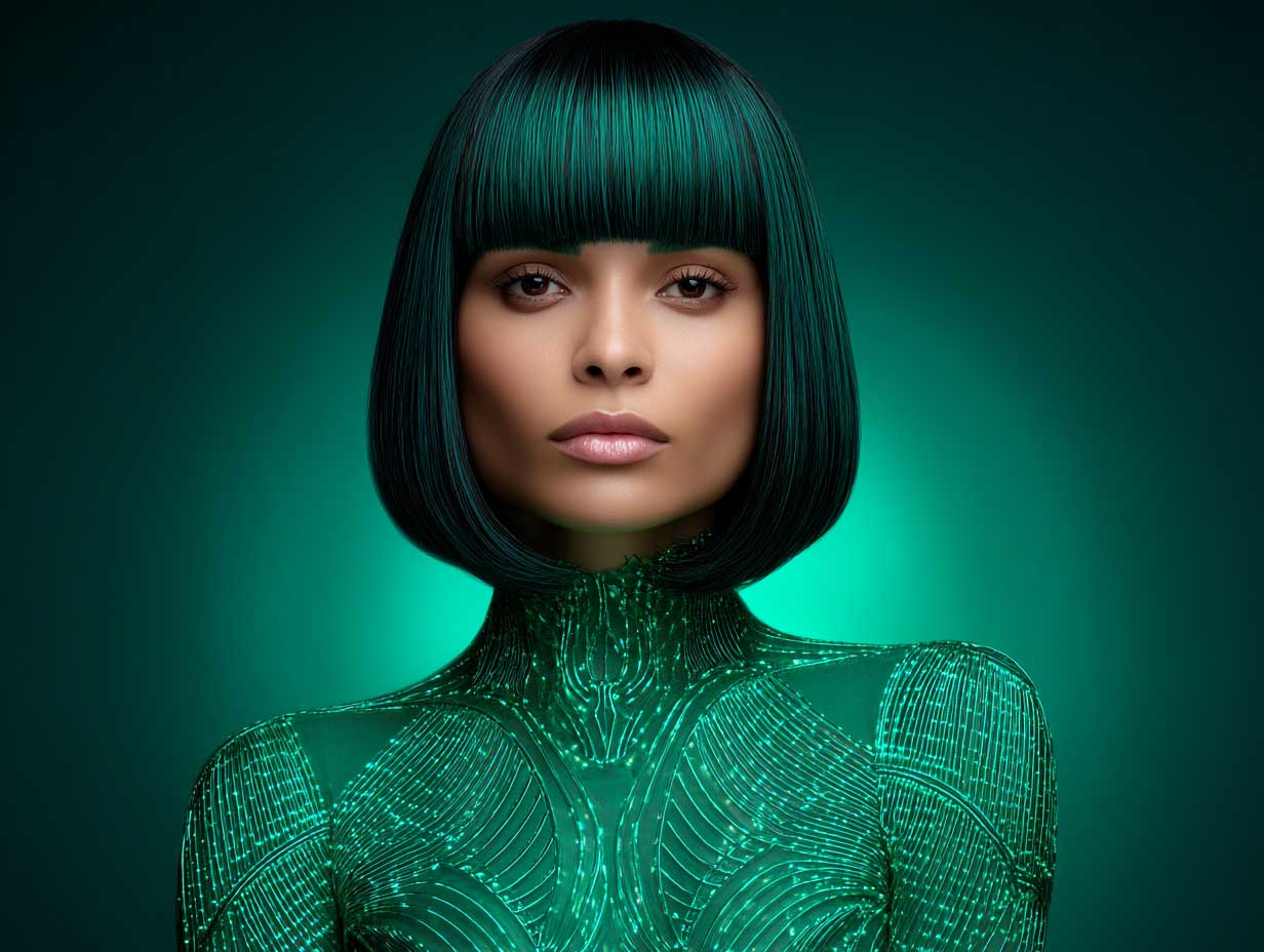 editorial beauty shot of a woman with emerald green front layered haircuts for long hair, razor layers, high-gloss finish, futuristic outfit, glowing light setup, fashion-forward environment