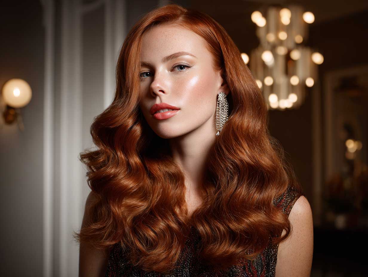 celebrity-inspired look, woman with long cherry red hair and front layered haircuts for long hair, soft waves, glowing skin, award show ambiance, luxury fashion styling, 85mm lens, full-length composition