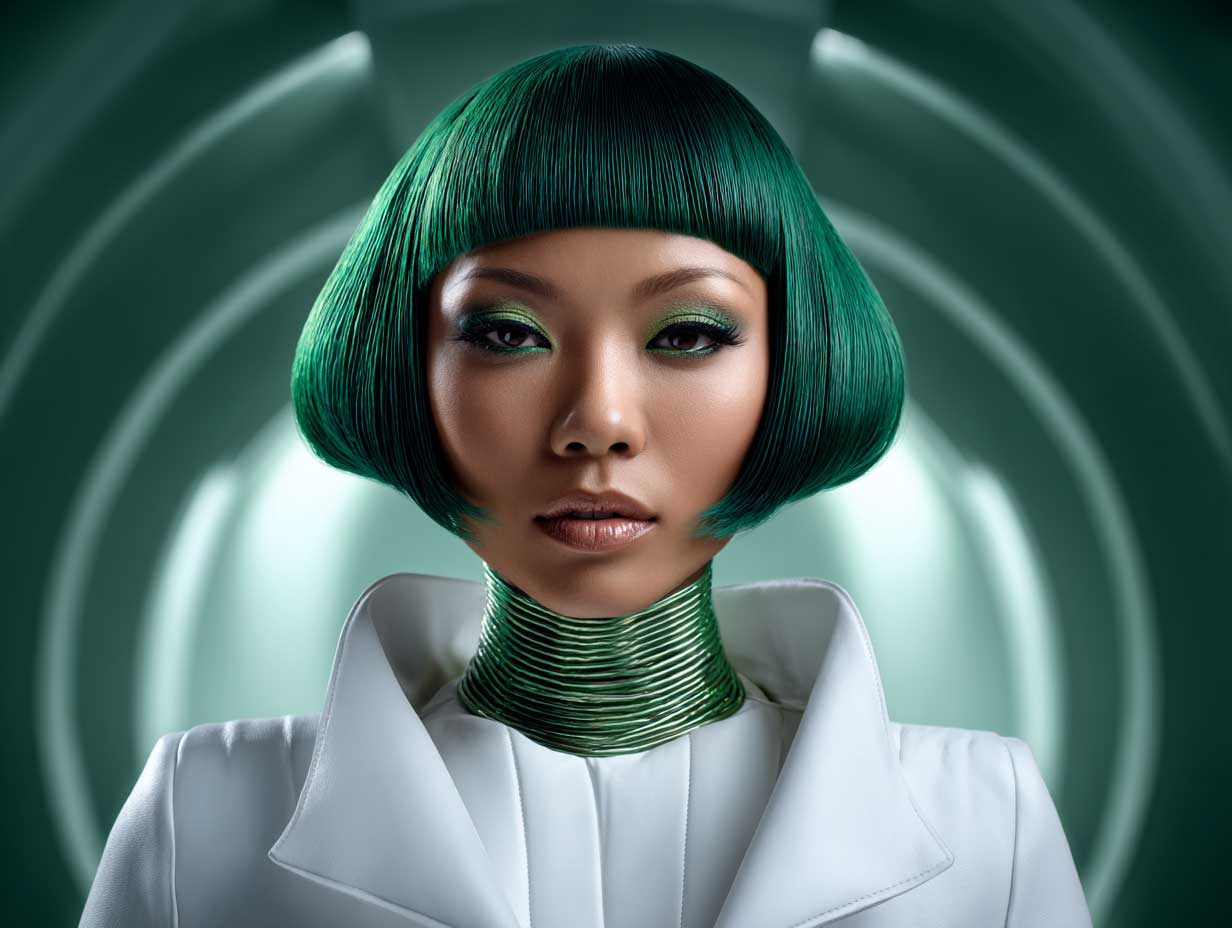 editorial beauty shot of a woman with emerald green front layered haircuts for long hair, razor layers, high-gloss finish, futuristic outfit, glowing light setup, fashion-forward environment