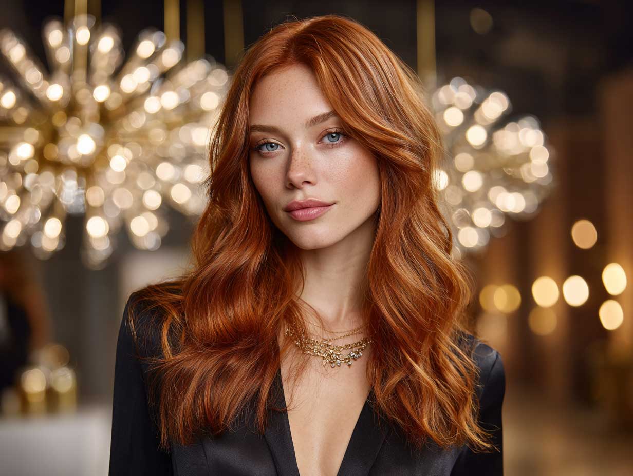 celebrity-inspired look, woman with long cherry red hair and front layered haircuts for long hair, soft waves, glowing skin, award show ambiance, luxury fashion styling, 85mm lens, full-length composition