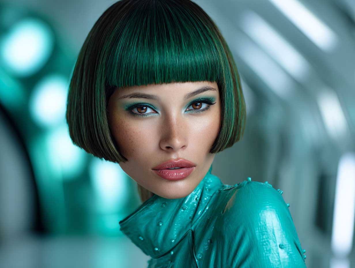 editorial beauty shot of a woman with emerald green front layered haircuts for long hair, razor layers, high-gloss finish, futuristic outfit, glowing light setup, fashion-forward environment