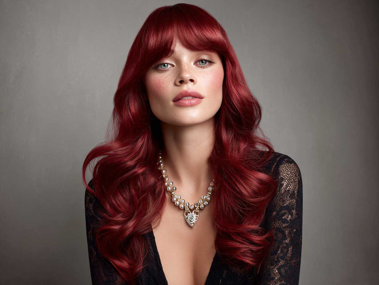 celebrity-inspired look, woman with long cherry red hair and front layered haircuts for long hair, soft waves, glowing skin, award show ambiance, luxury fashion styling, 85mm lens, full-length composition