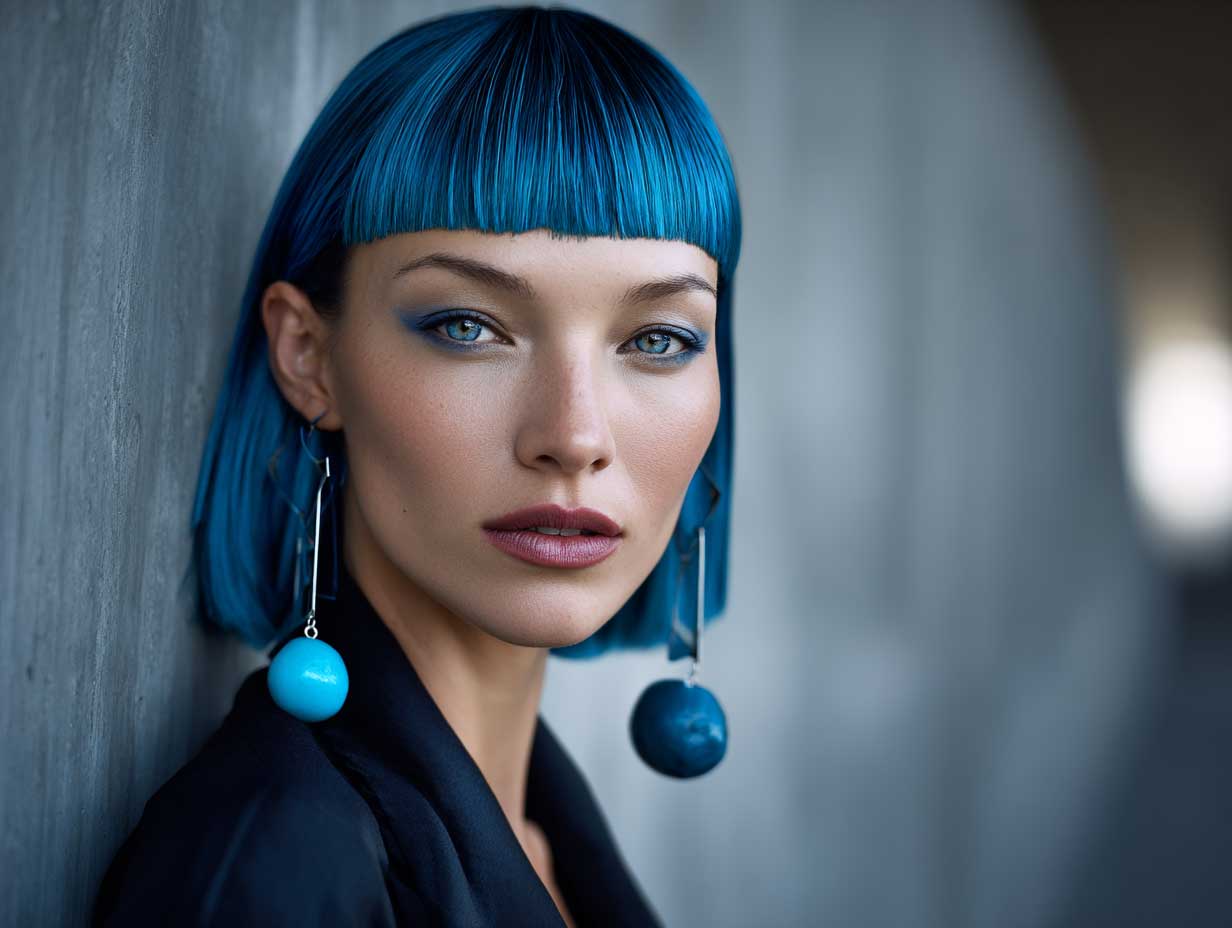 editorial portrait of a fashion model with electric blue front layered haircuts for long hair, precise angles, minimalist futuristic backdrop, avant-garde makeup, sleek outfit