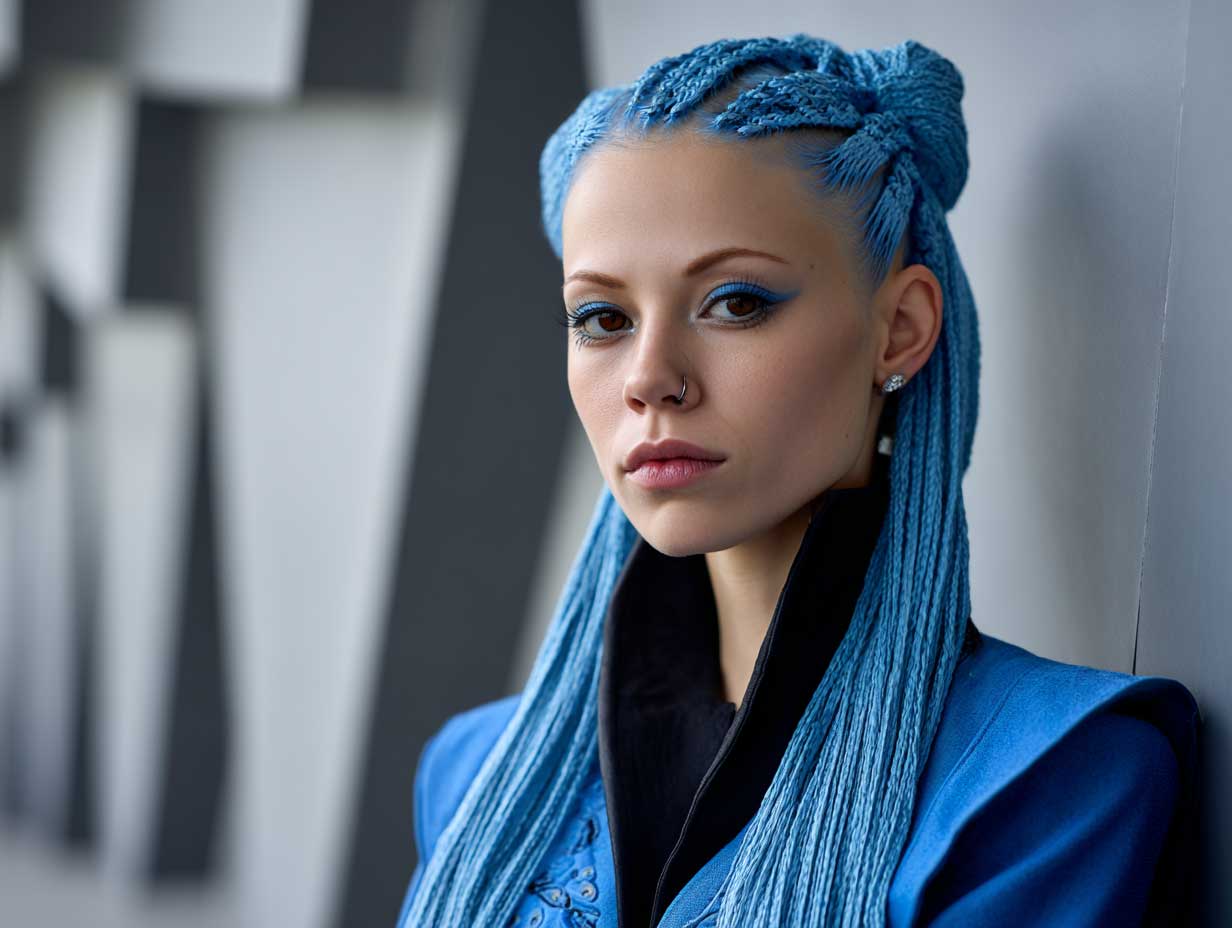 editorial portrait of a fashion model with electric blue front layered haircuts for long hair, precise angles, minimalist futuristic backdrop, avant-garde makeup, sleek outfit