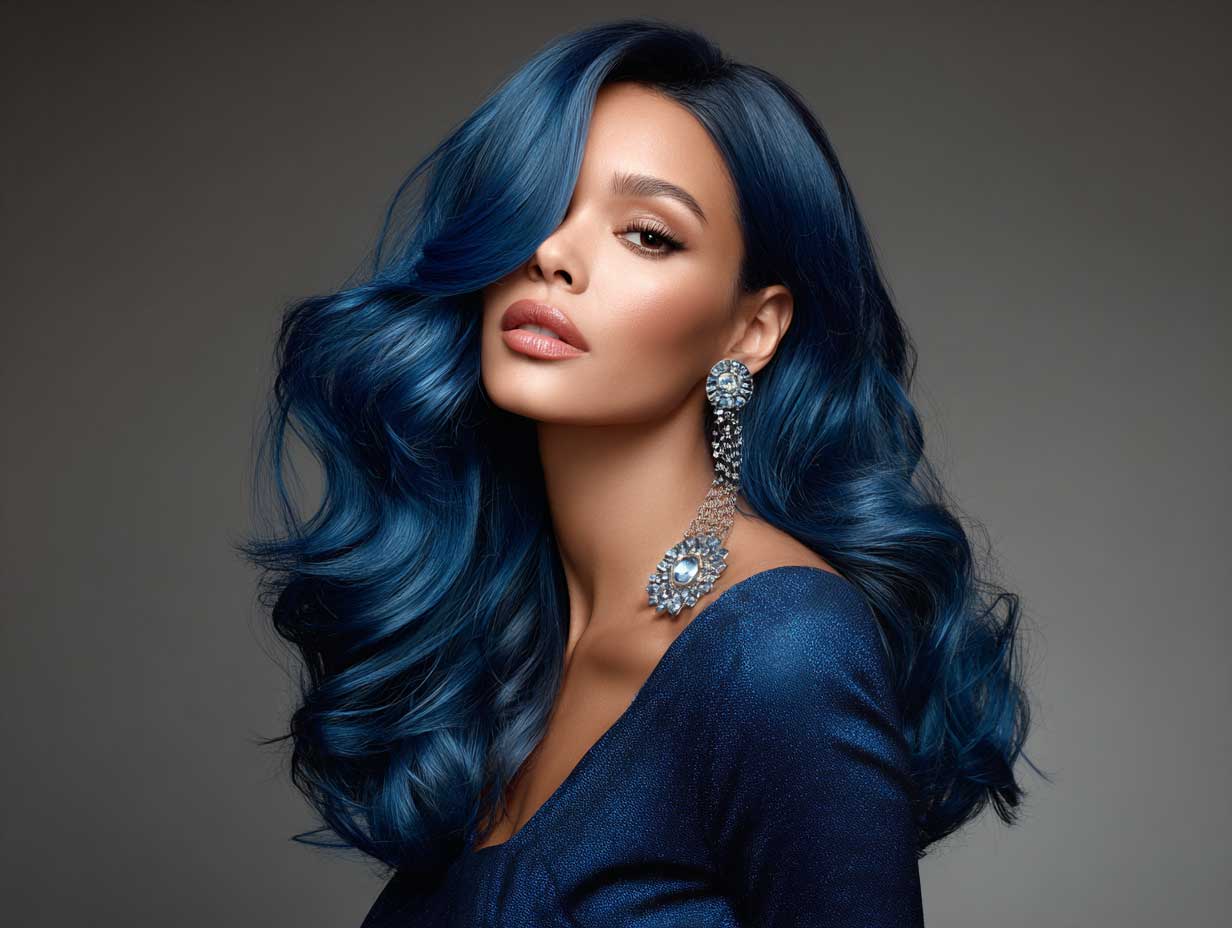 glamorous woman with sapphire blue front layered haircuts for long hair, voluminous blowout, elegant dress, studio lights, celebrity fashion vibe, cinematic atmosphere, side pose, high gloss finish