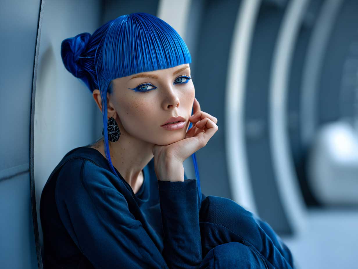 editorial portrait of a fashion model with electric blue front layered haircuts for long hair, precise angles, minimalist futuristic backdrop, avant-garde makeup, sleek outfit