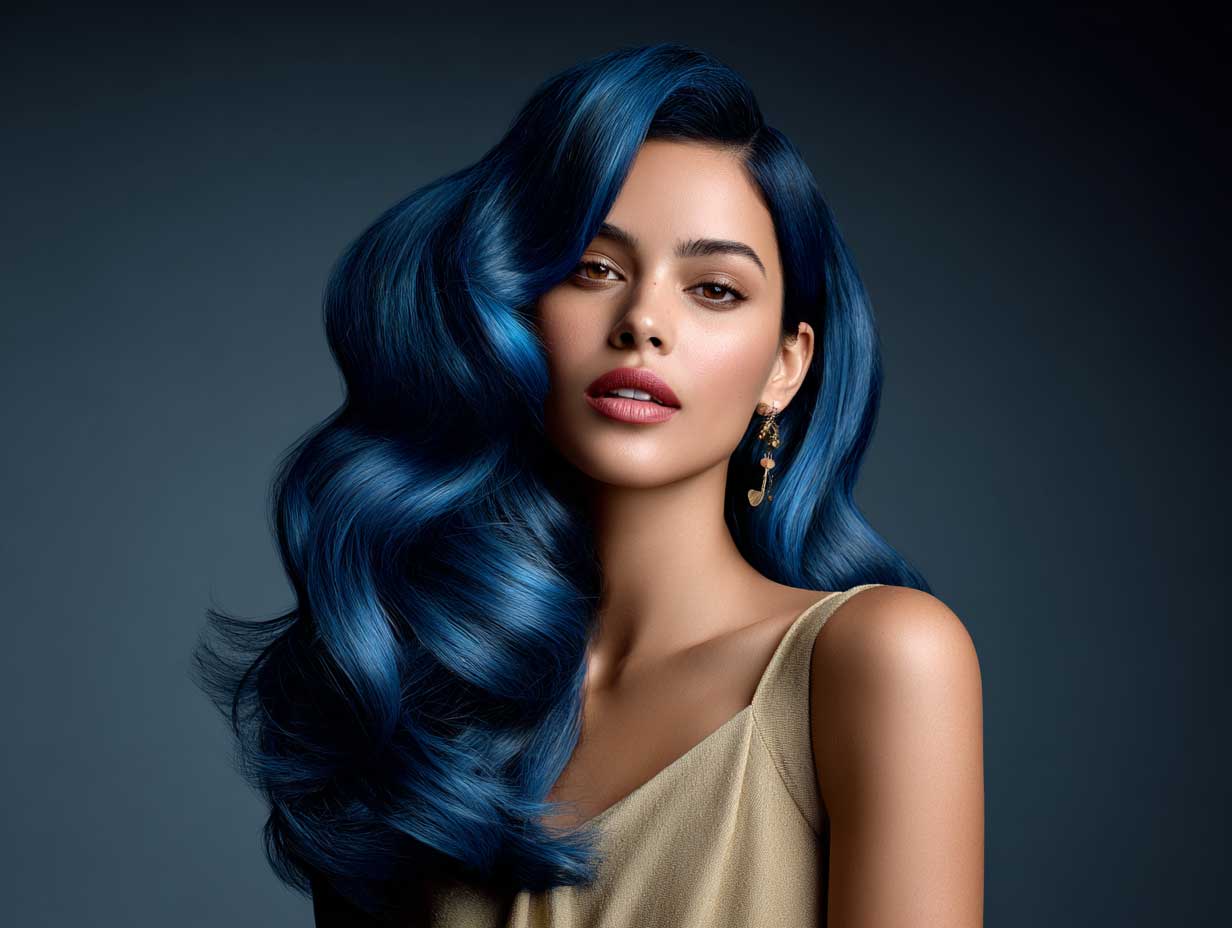 glamorous woman with sapphire blue front layered haircuts for long hair, voluminous blowout, elegant dress, studio lights, celebrity fashion vibe, cinematic atmosphere, side pose, high gloss finish