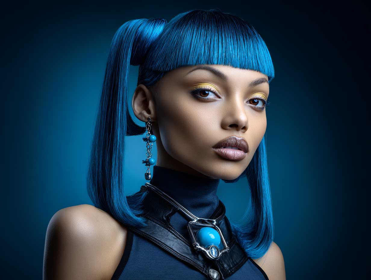 editorial portrait of a fashion model with electric blue front layered haircuts for long hair, precise angles, minimalist futuristic backdrop, avant-garde makeup, sleek outfit