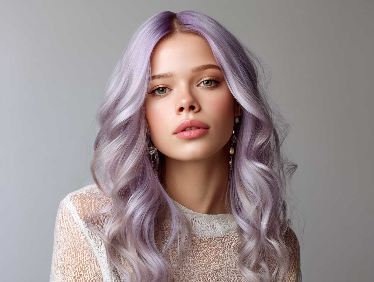 lavender colored long hair in front layered haircuts for long hair, soft curls, elegant makeup, white backdrop, fashion editorial style, dreamy lighting, close-up beauty shot, flowing silhouette