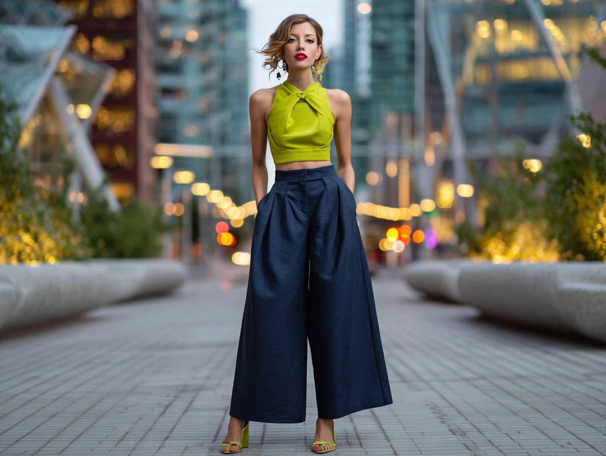modern woman in lime green crop top and wide-leg navy culottes, evening city lights, clean makeup, confident posture, urban fashion energy, soft wind movement