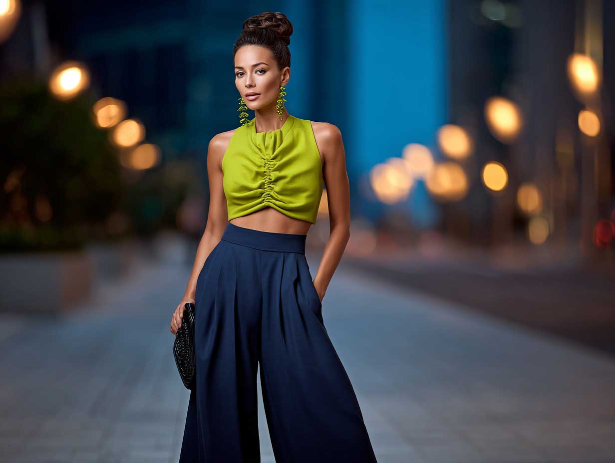 modern woman in lime green crop top and wide-leg navy culottes, evening city lights, clean makeup, confident posture, urban fashion energy, soft wind movement