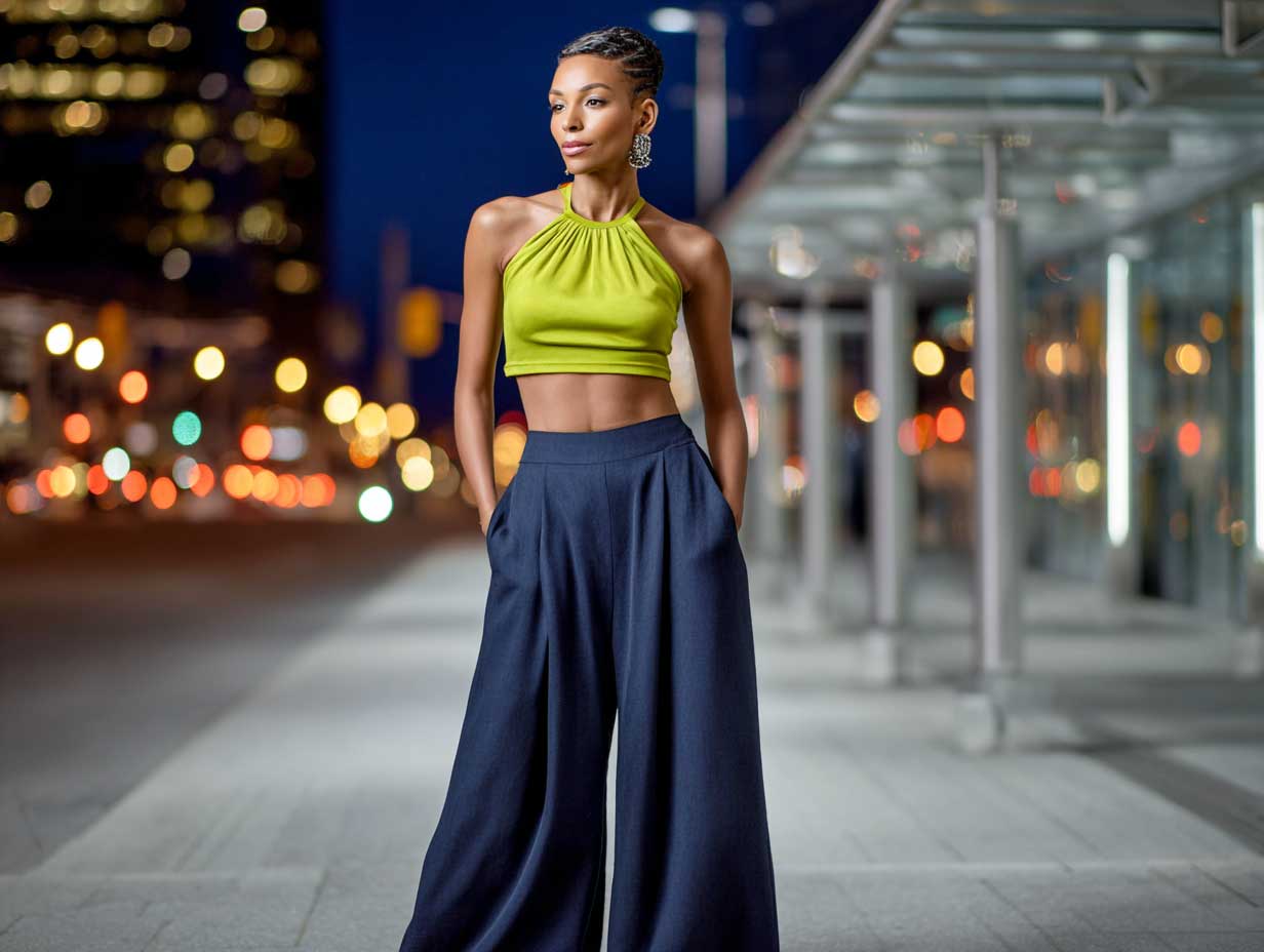 modern woman in lime green crop top and wide-leg navy culottes, evening city lights, clean makeup, confident posture, urban fashion energy, soft wind movement