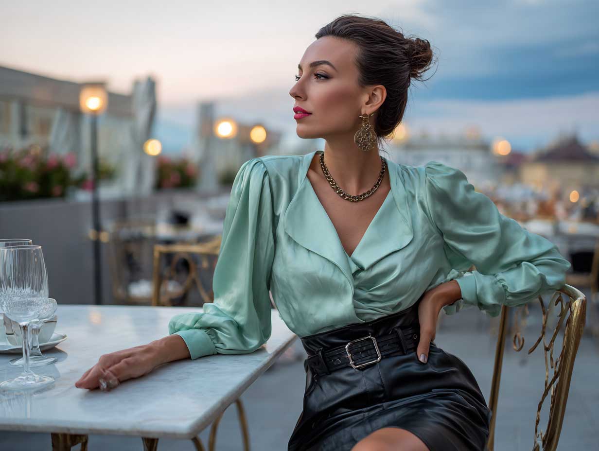 stylish woman in mint green blouse and black leather skirt, café terrace background at dusk, soft ambient lighting, natural pose, chic minimal accessories