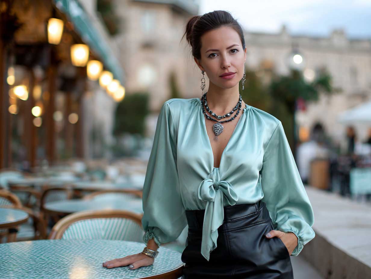 stylish woman in mint green blouse and black leather skirt, café terrace background at dusk, soft ambient lighting, natural pose, chic minimal accessories