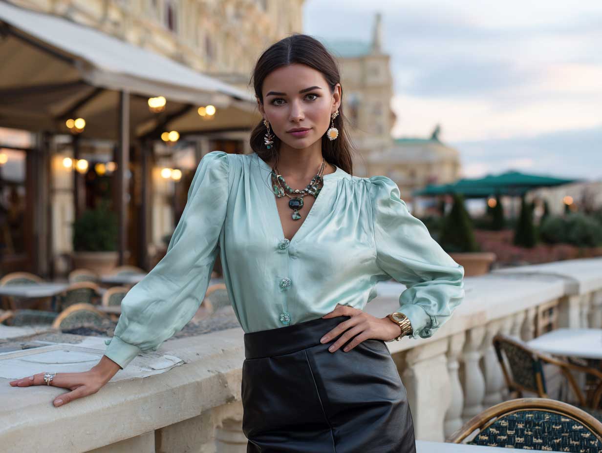 stylish woman in mint green blouse and black leather skirt, café terrace background at dusk, soft ambient lighting, natural pose, chic minimal accessories