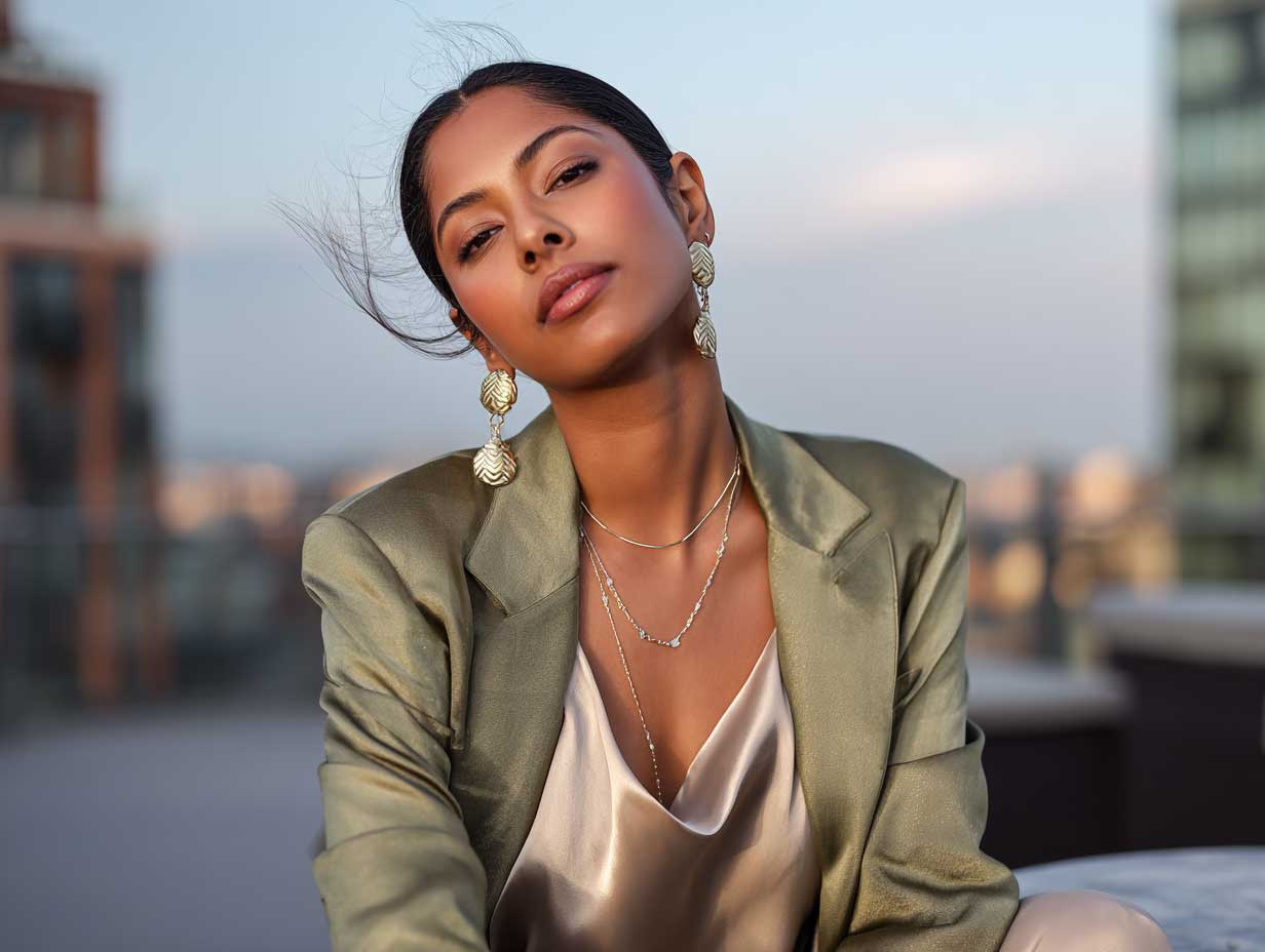 elegant woman in olive green blazer over beige satin slip dress, golden hour lighting, city rooftop backdrop, soft breeze, natural makeup, classy style