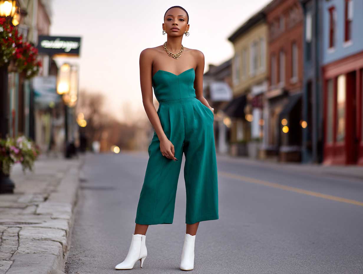 fashion-forward woman in emerald green jumpsuit and white ankle boots, golden hour light, boutique-lined street, structured silhouette, minimalist styling, clean background