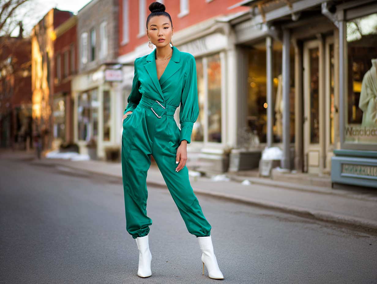 fashion-forward woman in emerald green jumpsuit and white ankle boots, golden hour light, boutique-lined street, structured silhouette, minimalist styling, clean background