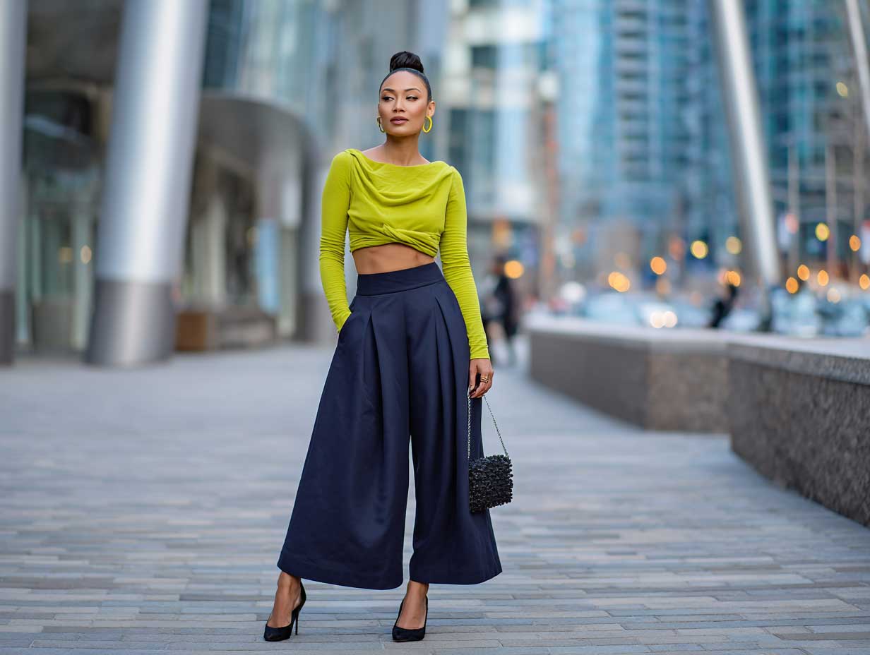 modern woman in lime green crop top and wide-leg navy culottes, evening city lights, clean makeup, confident posture, urban fashion energy, soft wind movement
