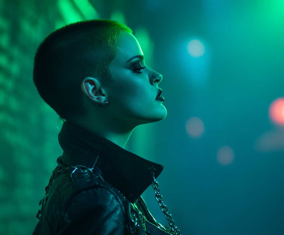 short side-shaved hair dyed neon green, villain-inspired costume, smoky eye makeup, dark leather jacket, eerie green lighting, city alley background, high contrast bold style, Halloween theme