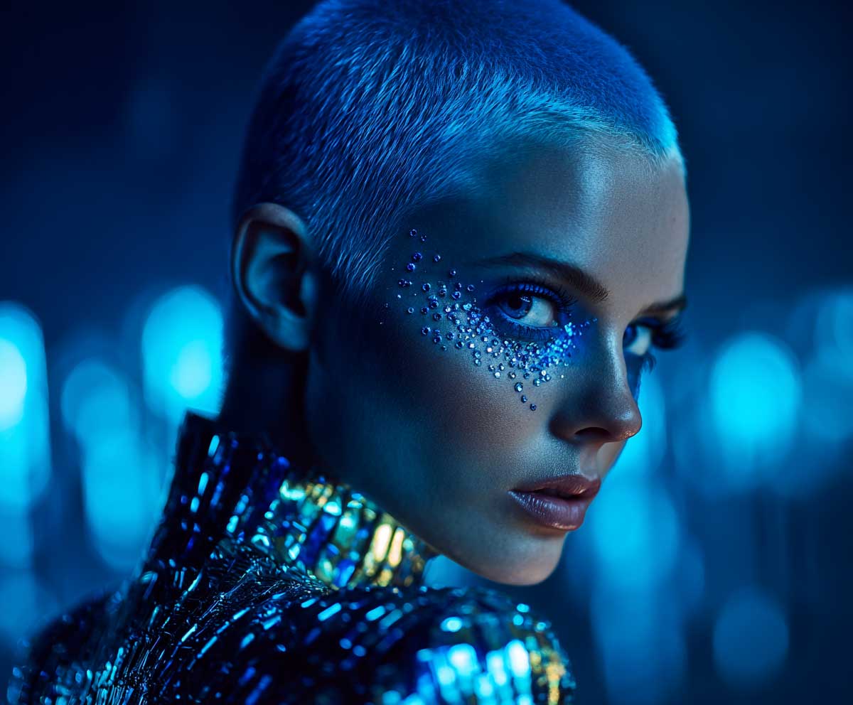 buzz cut dyed in electric blue, futuristic makeup, holographic costume, silver face gems, outer space background, glowing effect, modern short hair look, neon tones, fantasy setting