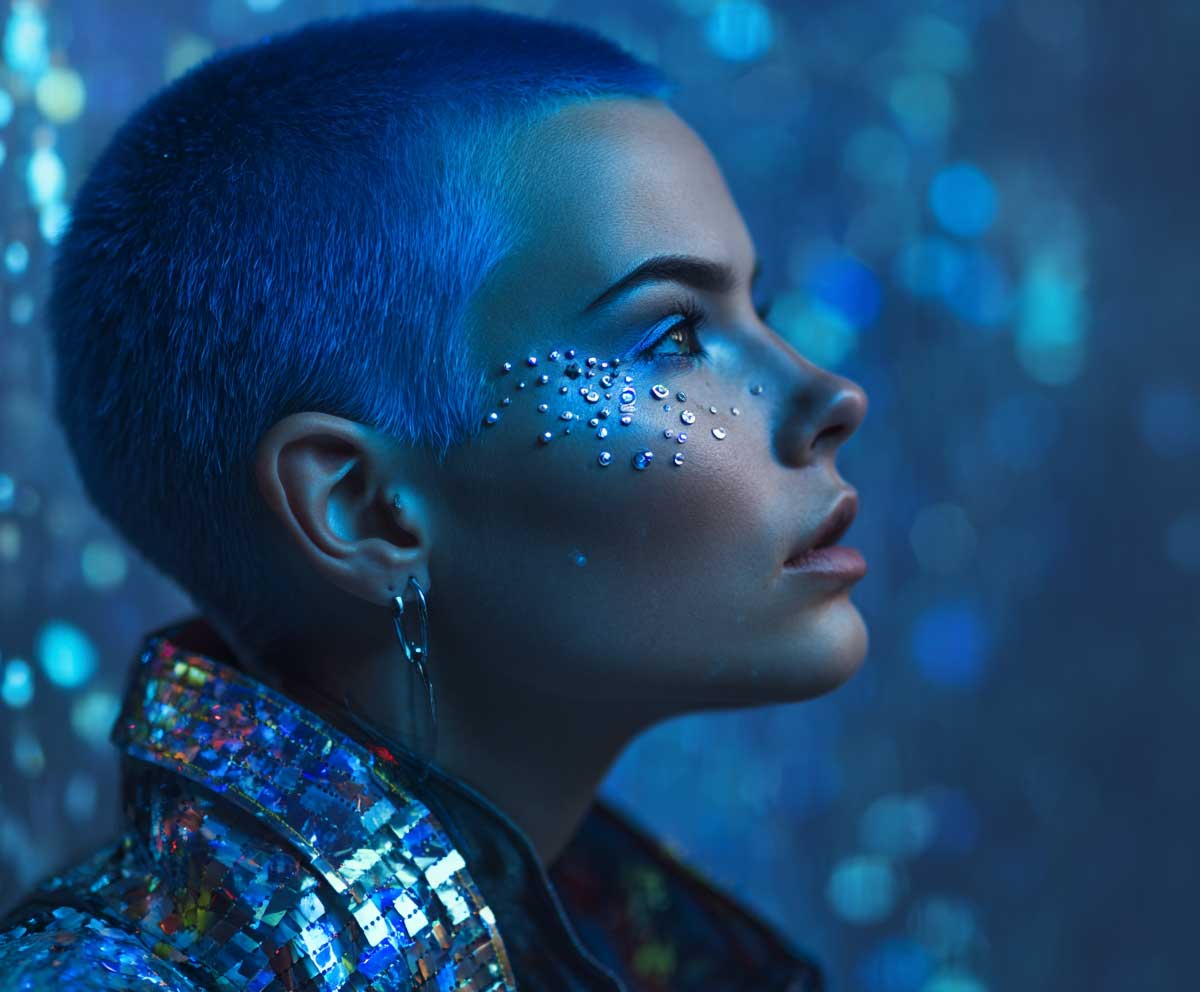 buzz cut dyed in electric blue, futuristic makeup, holographic costume, silver face gems, outer space background, glowing effect, modern short hair look, neon tones, fantasy setting