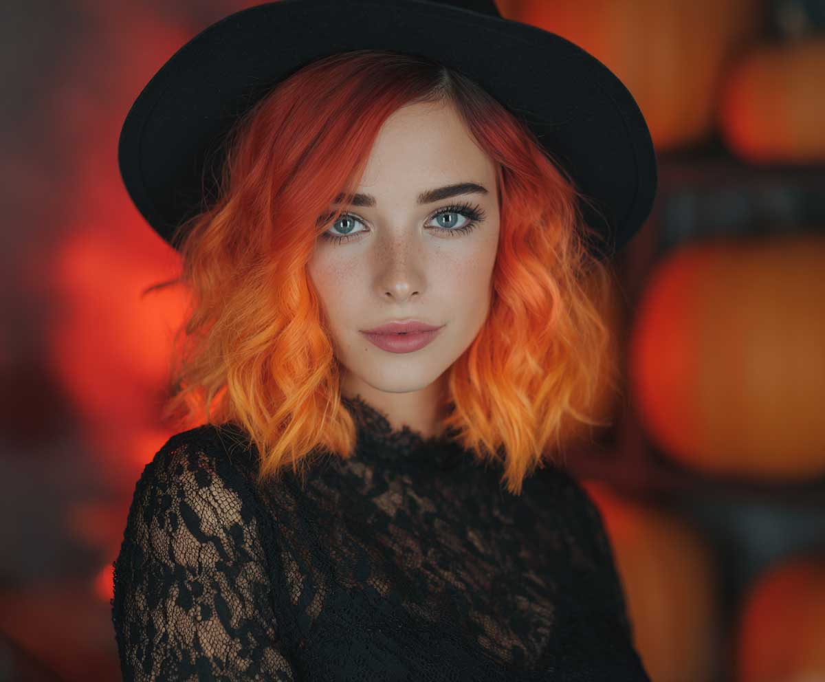 short choppy hair in bright orange ombre with darker roots, witch-inspired Halloween makeup, black pointed hat, pumpkin backdrop, dramatic lighting, bold festive vibe
