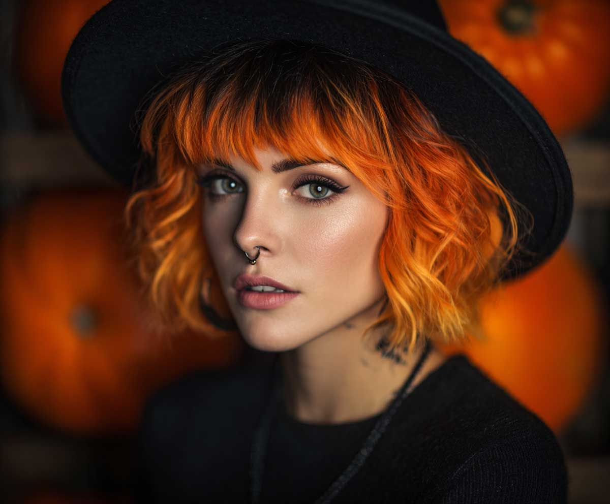 short choppy hair in bright orange ombre with darker roots, witch-inspired Halloween makeup, black pointed hat, pumpkin backdrop, dramatic lighting, bold festive vibe