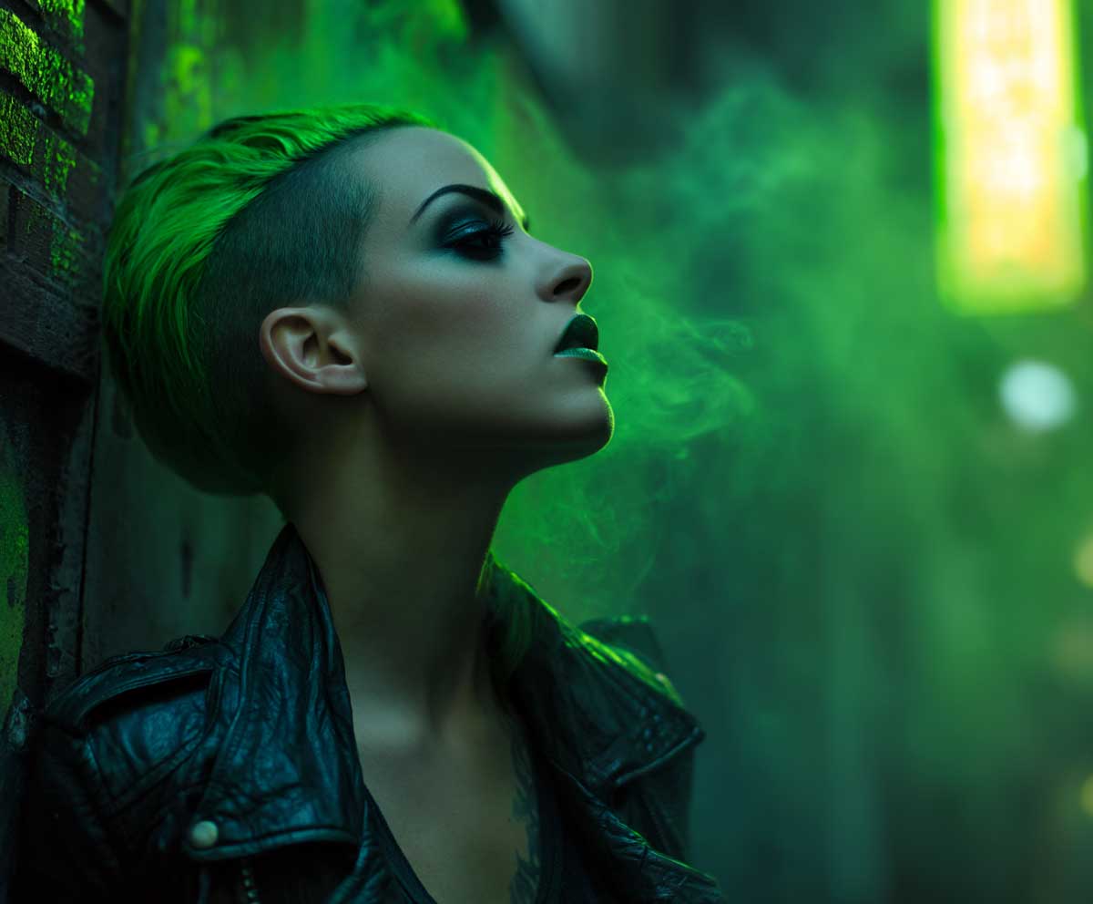 short side-shaved hair dyed neon green, villain-inspired costume, smoky eye makeup, dark leather jacket, eerie green lighting, city alley background, high contrast bold style, Halloween theme