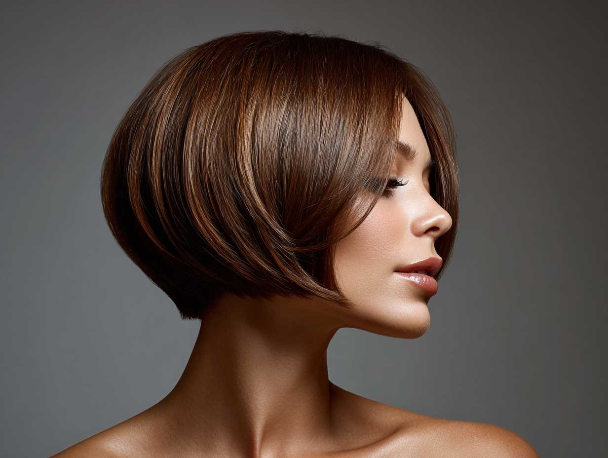 natural chestnut brown inverted haircut, thin straight hair with front swoop, voluminous crown, soft studio light, realistic style, side profile, beauty shot