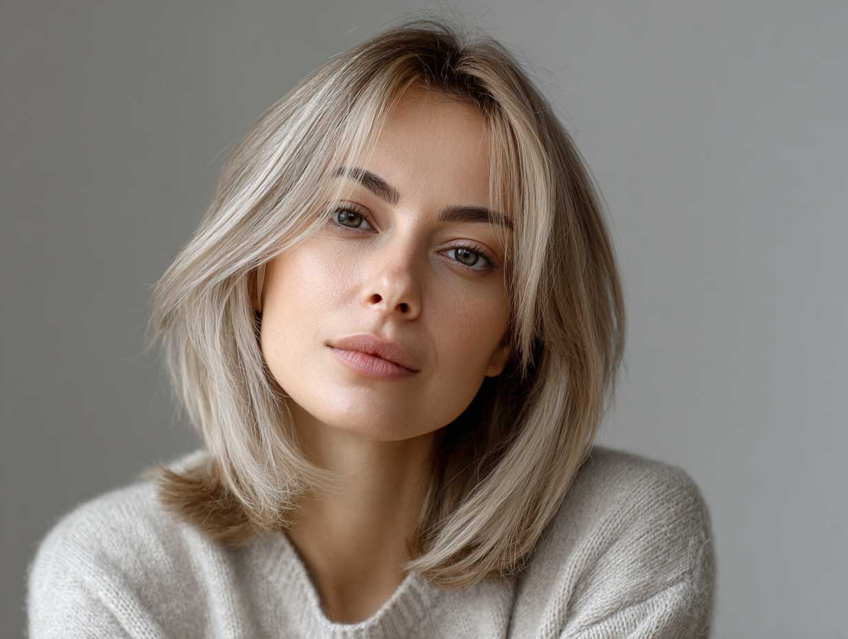 asymmetrical haircut on woman with cool ash blonde thin straight hair, ordinary face, soft flowing side, casual outfit, simple indoor background, realistic texture
