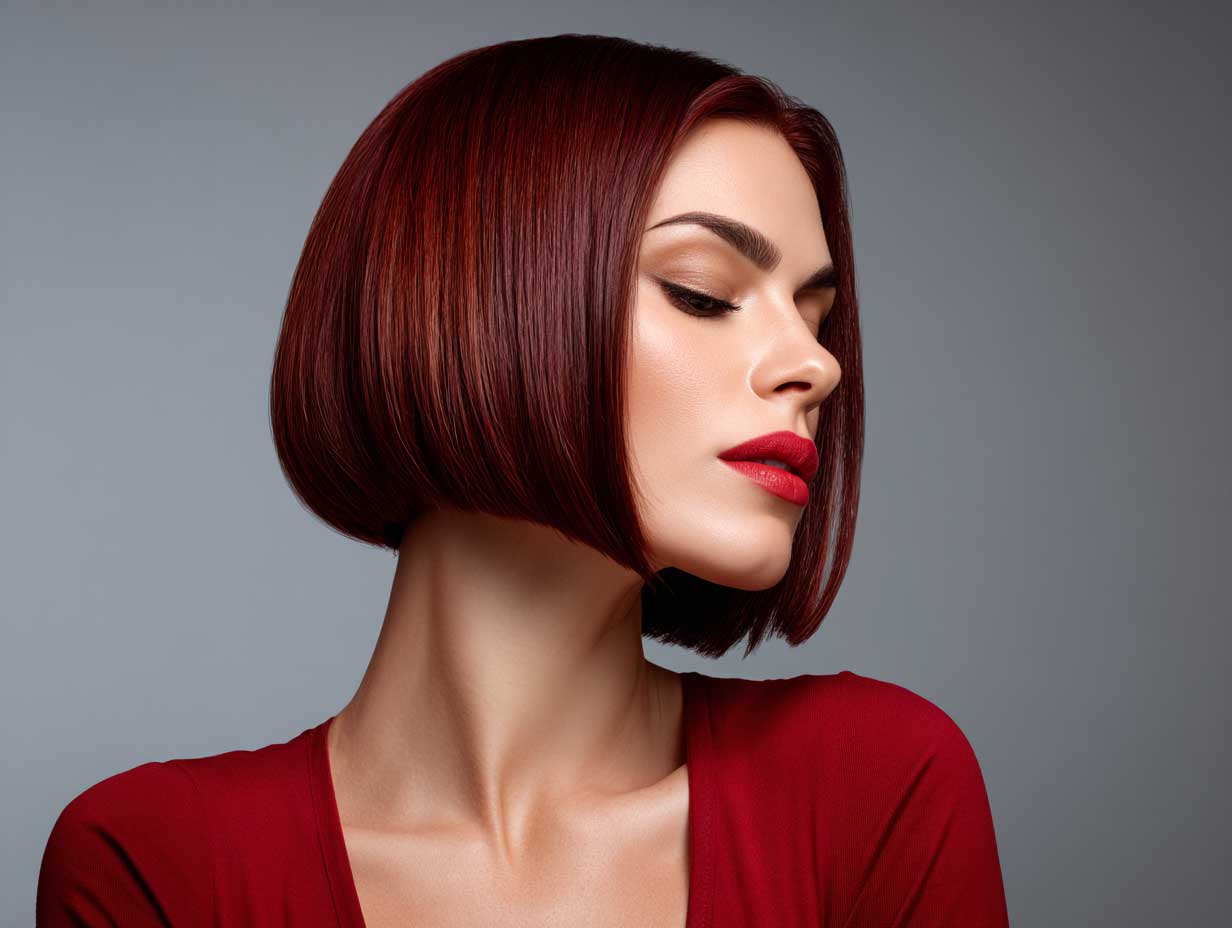 woman with thin straight hair in crimson inverted bob, subtle hidden layering, sharp angle at jawline, sleek and polished look, minimal background, clean beauty portrait