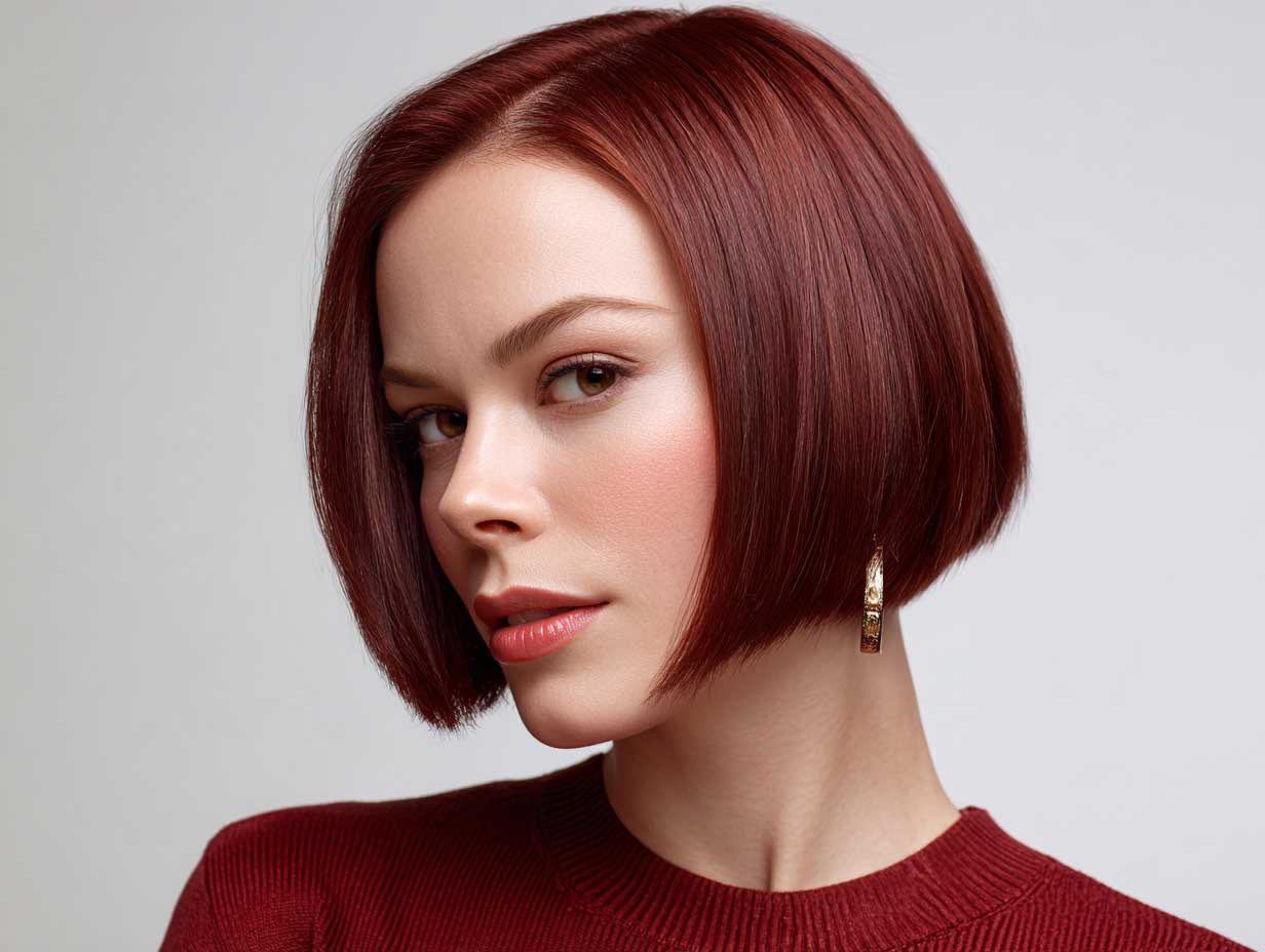 woman with thin straight hair in crimson inverted bob, subtle hidden layering, sharp angle at jawline, sleek and polished look, minimal background, clean beauty portrait