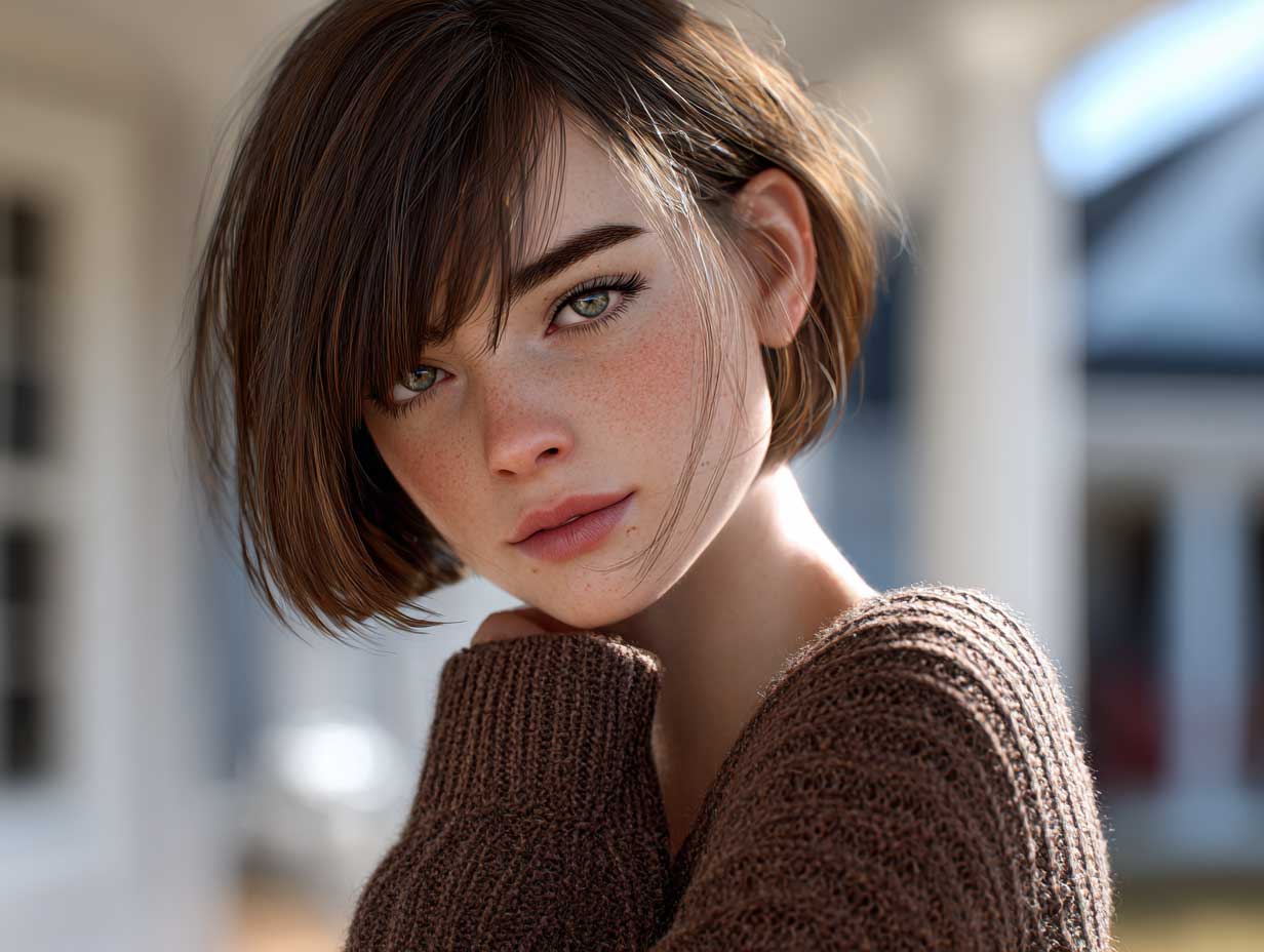 warm mocha brown asymmetrical haircut, angular side bangs, fine straight hair, woman with average features, soft daylight, cozy sweater, suburban setting, lifelike realism