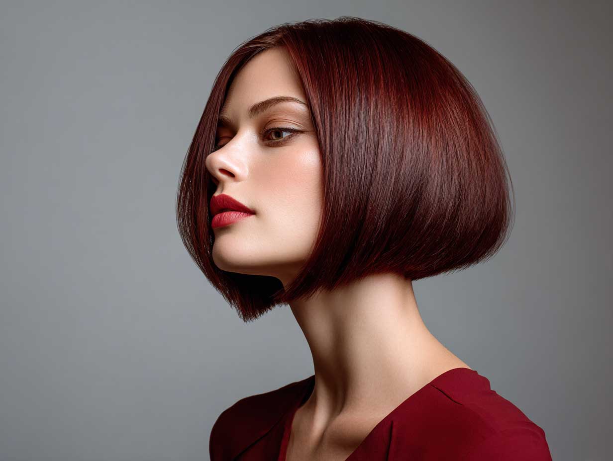 woman with thin straight hair in crimson inverted bob, subtle hidden layering, sharp angle at jawline, sleek and polished look, minimal background, clean beauty portrait