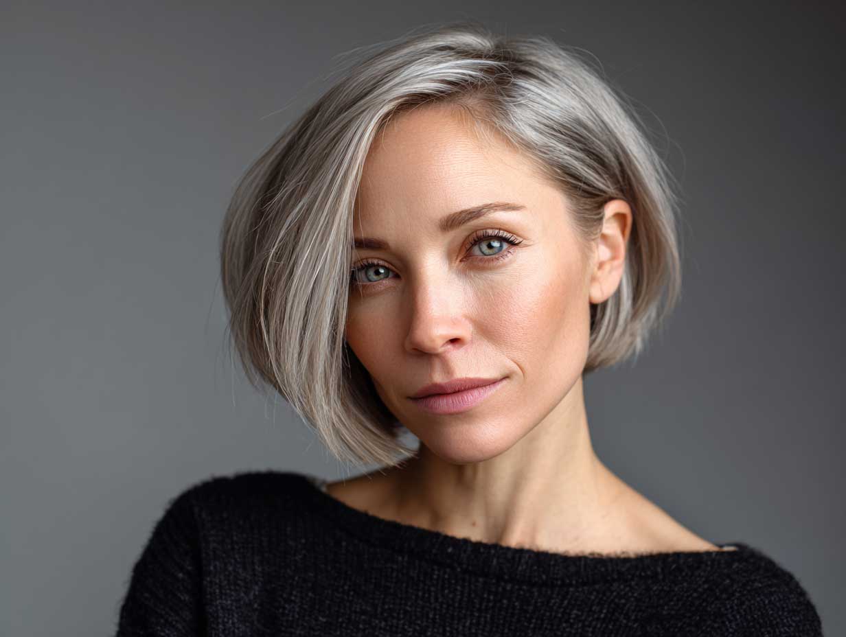 asymmetrical haircut on woman with cool ash blonde thin straight hair, ordinary face, soft flowing side, casual outfit, simple indoor background, realistic texture